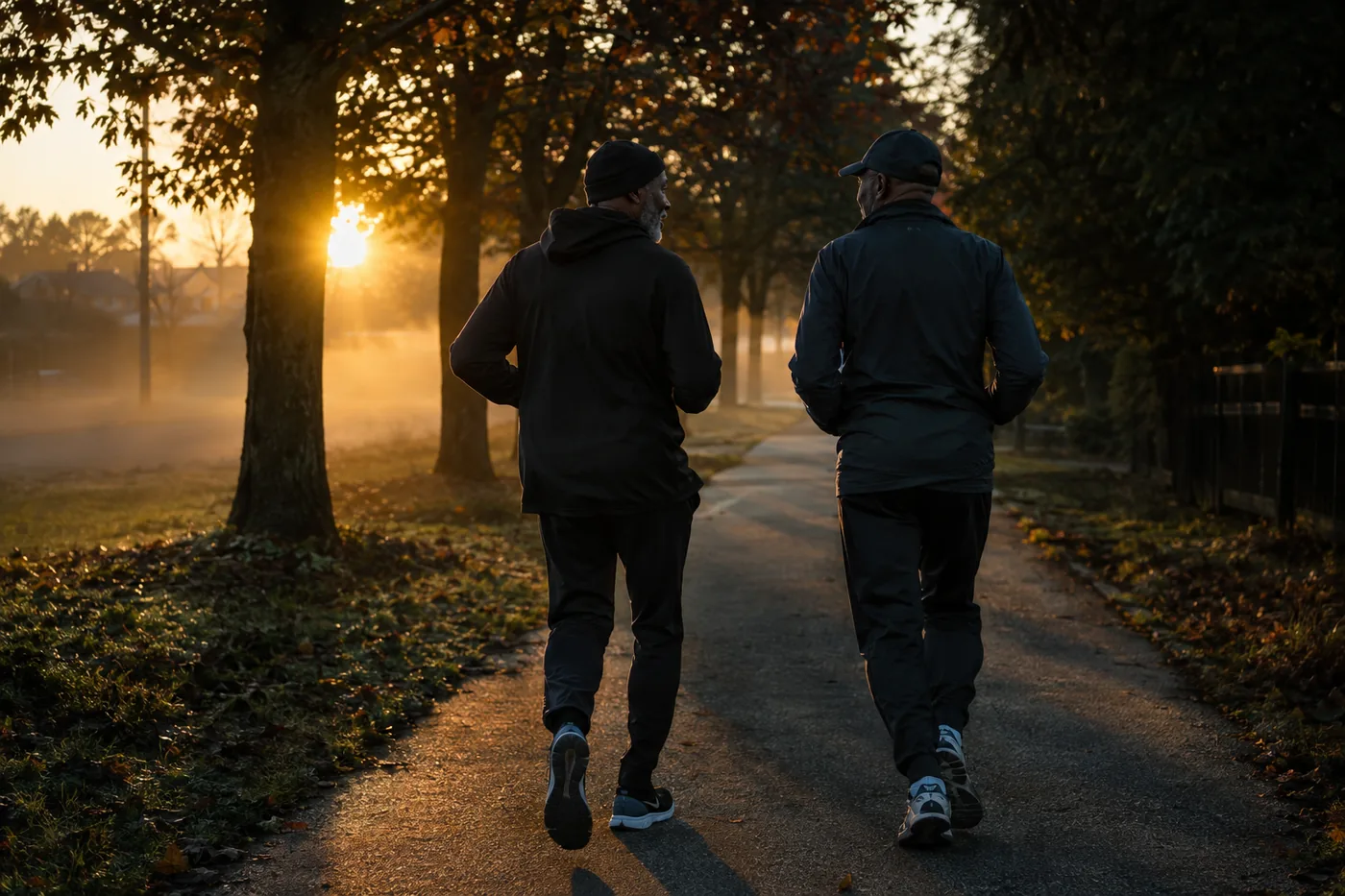 Two men in their late fifties walking briskly on a tree-lined path at sunrise.
